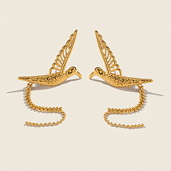 Настоящее золото 18K Серьги-гвоздики с кисточками из нержавеющей стали, слева и справа, реальный 18 k позолоченный, 100x33 мм