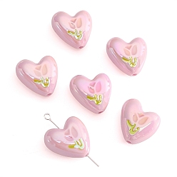 Бледно-Розовый 2шт. УФ-покрытия акриловые бусины, сердце с тюльпаном, с эмалью, розовый жемчуг, 20x19 мм, отверстие : 2 мм