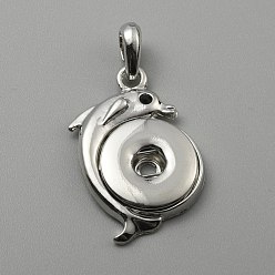 Platinum Alloy Rhinestone Hang Snap Base Pendant, for Interchangeable Snap Charms Jewelry Making, Flat Round with Dolphin, Platinum, 36x26x5mm, Hole: 7x4mm