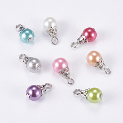 Platinum Glass Pearl Pendants, with Iron Findings, Round, Platinum, 16x8mm, Hole: 2~3mm
