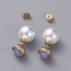Aquamarine Natural Aquamarine Ball Stud Earrings, with Acrylic Pearl Ear Nuts, Golden Plated 304 Stainless Steel Stud Earring Findings and Ear Nuts, 10~10.5mm, Pin: 0.6mm