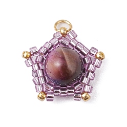 Лиловый Подвески в виде звезд из натурального тигрового глаза (окрашенного и нагретого) и стеклянных бусин ручной работы, с прыжковых колец, золотые, сирень, 16~16.5x17x8~8.5 мм, отверстие : 3 мм