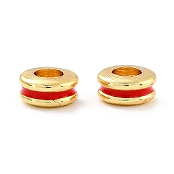 Red Brass Rack Plating, with Enamel Beads, Real 18K Gold Plated, Cadmium Free & Lead Free
 , Rondelle, Red, 6x3mm, Hole: 3mm