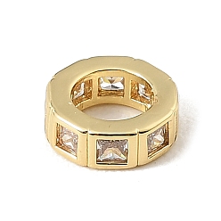 Clear Brass Pave Cubic Zirconia European Beads, Flat Round, Large Hole Beads, Rack Plating, Long-Lasting Plated, Lead Free & Cadmium Free, Real 18K Gold Plated, Clear, 8.5x3mm, Hole: 5mm