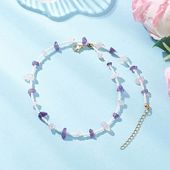 Аметист Женские ожерелья с натуральным аметистом, розовым кварцем и стеклянными косточками, золотые, 15.16 дюйм (38.5 см)