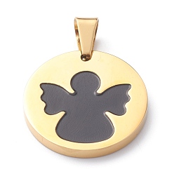 Doré  Placage ionique (ip) 304 pendentifs en acier inoxydable, avec l'émail, polir, plat rond avec l'ange, or, 25x3mm, Trou: 7.5x5 mm