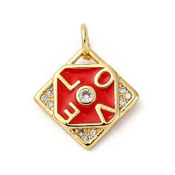 Красный Подвески из латуни с микропаве из кубических цирконий и эмали, ромб со словом любовь, стойки покрытие, без свинца и без кадмия, долговечный, с целью перехода в кольце, реальный 18 k позолоченный, красные, 14.5x14.5x2.5 мм, отверстие : 3.5 мм