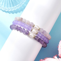 Смешанные камни Эластичные браслеты из натуральных смешанных драгоценных камней и культивированного пресноводного жемчуга для женщин, круглые, бусины : 6~7 мм, внутренний диаметр: 1.97 дюйм (5 см)