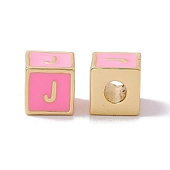Letter J Стойки покрытие латунь эмаль бисер, без кадмия, без никеля и без свинца, реальный 18 k позолоченный, куб с письмом, розовый жемчуг, letter.j, 6x6x6 мм, отверстие : 2.5 мм