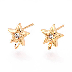 Звезда Латунные микро-паве прозрачные серьги-гвоздики из циркония, долговечный, без никеля , реальный 18 k позолоченный, звезда, 9.2x8.1 мм, отверстие : 2 мм, штифты : 0.8 мм