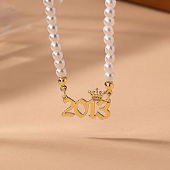 Number Женские ожерелья из круглого белого бисера с имитацией жемчуга и подвеской в виде короны в виде года рождения, золотые, число 2013, 14.96 дюйм (38 см)