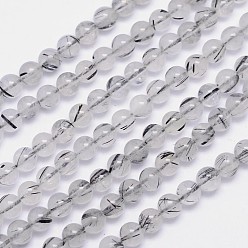Rutilated Кварц Натуральный черный Rutilated кварцевые нити круглый шарик, класс АА, 6 мм, отверстие : 1 мм, около 68 шт / нитка, 15.5 дюйм
