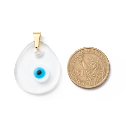 Clear Handmade Lampwork Pendants, with 201 Stainless Steel Findings, Teardrop with Evil Eye, Clear, 34.5x29.5x5.5mm, Hole: 4x4mm