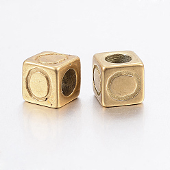 Golden 304 Stainless Steel Large Hole Letter European Beads, Horizontal Hole, Cube with Letter.O, Golden, 8x8x8mm, Hole: 5mm