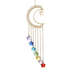 Луна Подвески из натурального жемчуга, обернутые проволокой, стеклянные подвески-звезды и латунные фурнитуры, подвесной орнамент на окно в виде ловца солнца, луна, 237 мм, отверстие : 10 мм