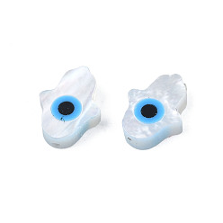 Deep Sky Blue Natural White Shell Mother of Pearl Shell Beads, with Synthetic Turquoise, Hamsa Hand/Hand of Miriam with Evil Eye, Deep Sky Blue, 8x6x2mm, Hole: 0.8mm