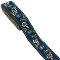 Steel Blue Flat Ethnic Style Embroidery Polyester Ribbons, Jacquard Ribbon, Garment Accessories, Steel Blue, 1-1/4 inch(33mm), about 7.66 Yards(7m)/pc