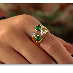 Настоящее золото 18K 304 Кольца-манжеты из нержавеющей стали с микропаве из кубического циркония для женщин, сердце и слеза, реальный 18 k позолоченный, внутренний диаметр: 17 мм