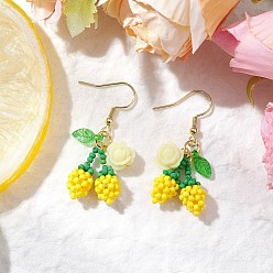 Желтый Цветок с вишней 304 серьги-подвески из нержавеющей стали и стеклянных бусин, с рыболовной нитью, нейлоновой проволокой, акриловыми подвесками и смолой, золотые, желтые, 42x18 мм