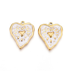 (404) Непрозрачное AB Кислое яблоко 304 подвески из нержавеющей стали, с эмалью, сердце прелести, ионное покрытие (ip), реальный 18 k позолоченный, цветочный белый, 25.5x21x3 мм, отверстие : 1.6~1.8 мм