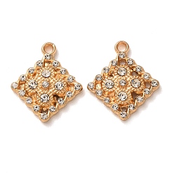 Light Gold Alloy Rhinestone Pendants, Rhombus Charms, Light Gold, 22.5x19.5x4.5mm, Hole: 2mm