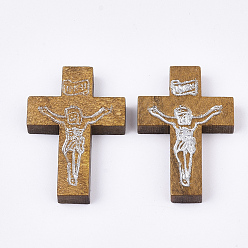 Camel Printed Wooden Pendants, Crucifix Cross, For Easter, Dyed, Camel, 32.5~33.5x21~22x4.5mm, Hole: 2mm