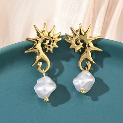 Настоящее золото 18K Морской конек 304 серьги-гвоздики из нержавеющей стали с акриловыми подвесками, с имитацией жемчуга, ионное покрытие (ip), долговечный, реальный 18 k позолоченный, 36x15~16.5 мм