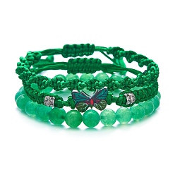 Зеленый лайм 3шт 3 стиль окрашенные драгоценные камни круглые эластичные наборные браслеты, сплав бабочка плетеные бусины регулируемые браслеты, зеленый лайм, 7-1/8~10-1/4 дюйм (18~26 см)