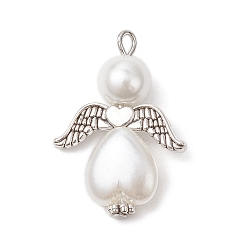 Белый Стеклянные жемчужины круглые бусины и бусины из АБС пластика имитация жемчуга подвески, ангел, с крылом из сплава и железной петлей, белые, 29x20x8 мм, отверстие : 2.2 мм