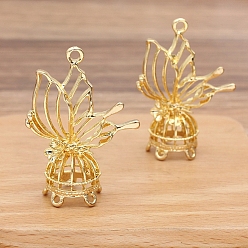 Golden Hollowe Alloy Chandelier Componement Links, Bird Cage Shape with Butterfly, Golden, 50x35mm