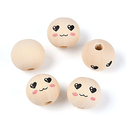 Желтая Старая Ткань  Набивные шима деревянные бусины, круглый с выражением лица, старое кружево, 18.5~19.5 мм, отверстие : 5 мм