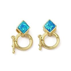 Rhombus Rack Plating Brass Twister Clasps, with Synthetic Opal, Cadmium Free & Lead Free, Long-Lasting Plated, Real 18K Gold Plated, Rhombus, 15x11x5mm, Hole: 4.5x2.5mm and 6mm