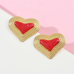 Красный Серьги-гвоздики в форме сердца из латуни и эмали, реальный 18 k позолоченный, красные, 18x22 мм