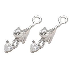 Platinum Brass Micro Pave Clear Cubic Zirconia Pendants, Cat Shape with Heart Charms, Rack Plating, Long-Lasting Plated, Cadmium Free & Lead Free, Platinum, 19x3.5x8.5mm, Hole: 1.7mm