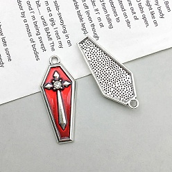 Antique Silver Halloween Alloy Enamel Pendants, Coffin with Cross, Antique Silver, 31x13mm