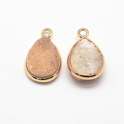 Beige Electroplate Natural Druzy Crystal Charms, with Golden Tone Brass Findings, teardrop, Dyed, Beige, 18x12x3~5mm, Hole: 2mm