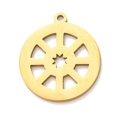 Oro 304 colgantes de acero inoxidable, Redonda y plana con dijes de timón y estrella., pulido a mano, revestimiento de iones (ip), dorado, 22x20x1.4 mm, agujero: 1.5 mm