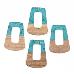 Темно-бирюзовый Подвески из прозрачной смолы и ореха, золотой фольгой, трапециевидные, темные бирюзовый, 37.5x27x3 мм, отверстие : 2 мм