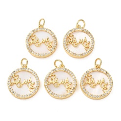Золотой Латунные микро проложить кубического циркония подвески, с оболочкой и кольцами для прыжков, Плоский круглый со словом мама, день матери, золотые, 18x15.5x3 мм, отверстие : 3.5 мм