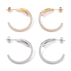 Mixed Color Ion Plating(IP) 304 Stainless Steel Stud Earrings, Half Hoop Earrings with Rhinestone, Mixed Color, 32.5x32x2~7mm, Pin: 0.8mm