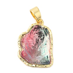 Светло-Вишневый Стойки обшивки латунные подвески, Стеклянные подвески в форме тающего айсберга, долговечный, без кадмия и без свинца, реальный 18 k позолоченный, светло-вишневый, 22.5x15.5x9 мм, отверстие : 6x3 мм