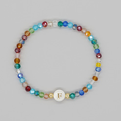 Letter F Handmade Bohemian Colorful Faceted Rondelle Glass Beaded Stretch Bracelets, Alphabet Natural White Shell Bracelets for Women, Letter F, Inner Diameter: 2.36 inch(6cm)