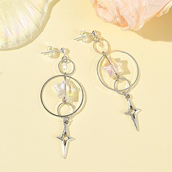 Platino Pendientes colgantes de cristal y latón, estrella, 304 aretes de acero inoxidable para mujer, Platino, 70x25 mm