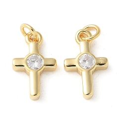 Настоящее золото 18K Латунные микропаве прозрачные подвески с фианитом, крест прелести, без кадмия и без свинца, долговечный, стойки покрытие, с целью перехода в кольце, реальный 18 k позолоченный, 13x8x2.5 мм, отверстие : 2.5 мм