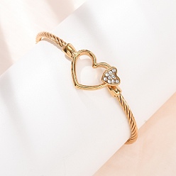 Golden 304 Stainless Steel Crystal Rhinestone Heart Cuff Bangles for Women, Golden, Inner Diameter: 2.28 inch(5.8cm)