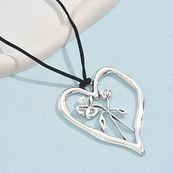 Античное Серебро Рождение цветок сердце кулон цинковый сплав черный искусственная замша шнур ожерелья для женщин, античное серебро, 31.50~33.46 дюйм (80~85 см)