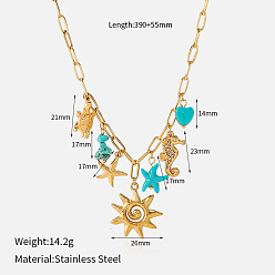 Sun Summer Beach 304 Stainless Steel & Synthetic Turquoise Multi Pendant Bib Necklaces, Golden, Sun, 15.35 inch(39cm)