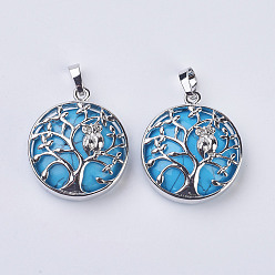 Synthetic Turquoise Synthetic Turquoise Pendants, with Brass Findings, Flat Round with Tree of Life, Platinum, 31~32x27x8~9mm, Hole: 5x7mm