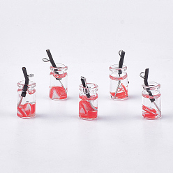 Light Coral Glass Bottle Pendants, with Resin, Plastic and Iron Findings, Fruit Tea Charms, Platinum, Light Coral, 25~28x10mm, Hole: 1.8mm