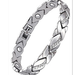 Платина Браслеты-цепочки из сплава с кристаллами и стразами, лист, с магнитной застежкой, платина, 8-1/8~8-1/2 дюйм (20.5~21.5 см)